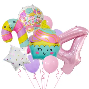 Details zum Eiscreme-Bonbon-Ballonset mit Nummer 4 und Happy Birthday Grafiken