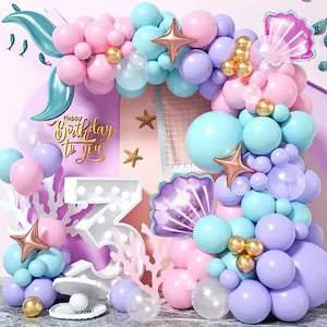 Kit Décoration de Fête Thème Sirène Arche de Guirlande de Ballons Couleur Macaron Avec Ballons en Aluminium Queue de Sirène et Coquillage