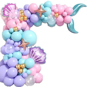 Kit arche ballons sirène avec ballons macaron rose bleu violet et feuilles de coquillage