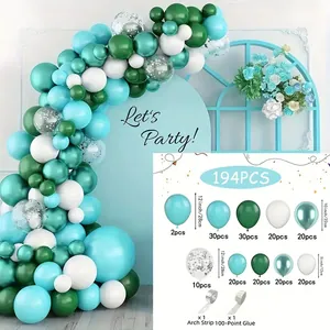 Detailed breakdown of the 194pcs blue and green balloon arch kit with sizes and types
