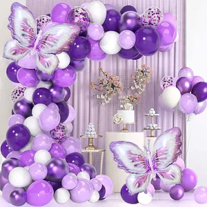 Purple Butterfly Balloon Arch Kit Macaron Lavender White Sequin Garland For Girls Birthday Party Wedding Decoration