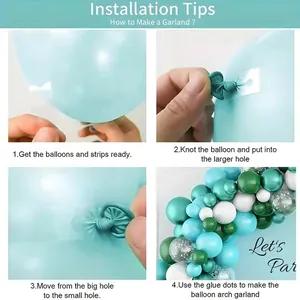 DIY guide showing four steps to assemble the blue balloon arch kit with glue dots