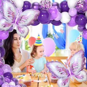 Detailed view of purple butterfly balloon arch kit with sequins for birthday party decoration