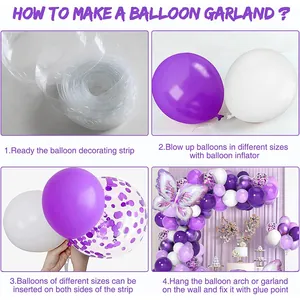 Detailed four-step assembly guide for purple butterfly balloon garland with sequins