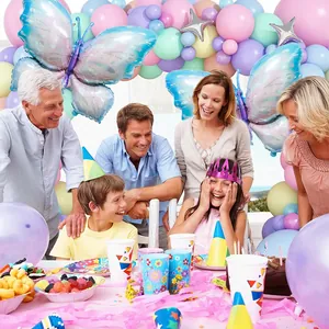 Pastel macaron balloon arch kit with laser butterfly foil balloons for birthday party