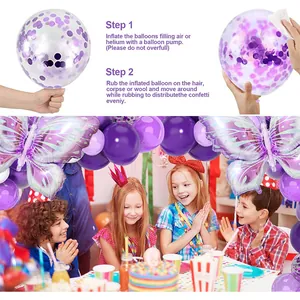 Guide for inflating purple confetti balloons and setup for a girl birthday party garland