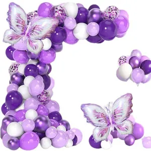 Purple balloon arch kit with butterfly foil balloons and sequins for birthday party decor