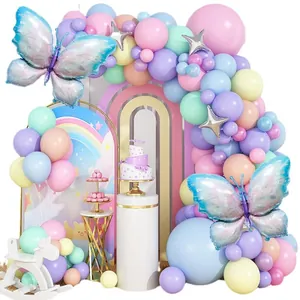 Pastel macaron balloon arch kit with silver stars and butterfly foil balloons for parties