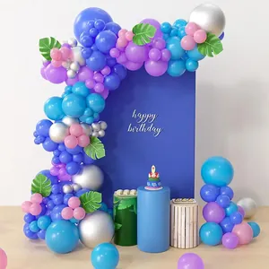 Blue Purple Balloon Garland Arch Kit Metallic Silver Pink Latex Balloons Palm Leaves Birthday Wedding Party Decoration