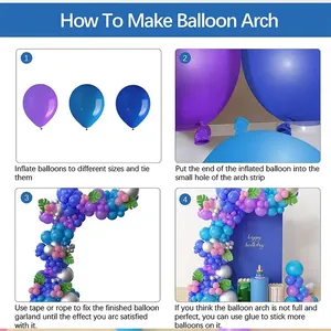 Step-by-step assembly guide for a blue and purple balloon garland kit with foliage