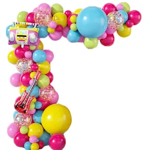 Retro 80s disco party decoration set with colorful balloon arch and radio foil balloons