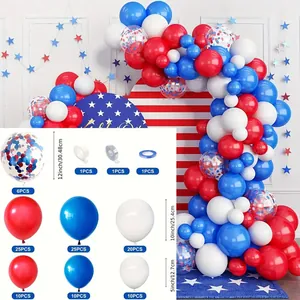Detail list of red, white and blue Independence Day balloon arch kit with sizes and pieces