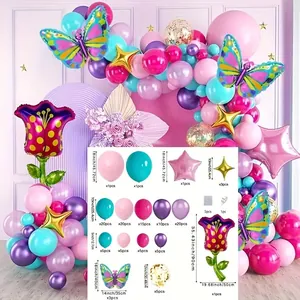 Kit de guirnalda de globos de mariposa con globos de látex rosa púrpura y globos de estrella