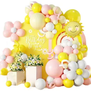 Pastel daisy and sun balloon garland set with Happy Birthday backdrop for party decor