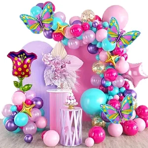 Kit guirnalda de globos mariposa tulipán con globos rosa y morado para decoración
