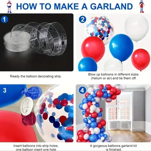 Detailed four-step guide on how to assemble a red white and blue party balloon garland