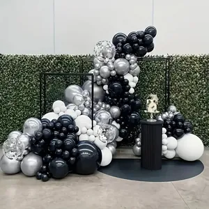 Detailed silver black and white balloon arch kit with confetti balloons for party decor