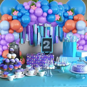 Blue and purple balloon arch kit for girls 2nd birthday party with flower decorations