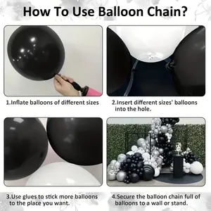 Detail view of black white silver balloon arch kit assembly and accessories set