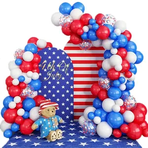 Independence Day red white blue balloon arch kit with 4th of July star backdrop decoration