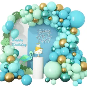 Mint green and gold balloon arch kit for birthday party decoration with garland backdrop