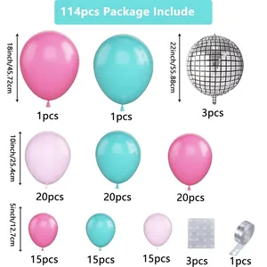 Kit arche de 114 ballons disco avec ballons rose bleu et boules 4D argentées