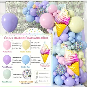 138pcs Macaron Pastel Balloon Arch Kit with Rainbow Ice Cream Foil Balloons for Party Decor