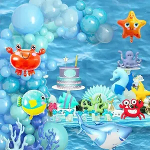 Blue ocean theme balloon arch kit with starfish, crab, and shark for birthday party decoration