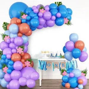 Blue and purple balloon garland kit with tropical leaves and ONE burlap banner for parties