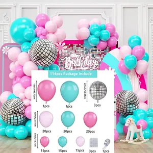 Kit arche de 114 ballons rose et bleu avec boules disco 4D argentées pour fête d'anniversaire