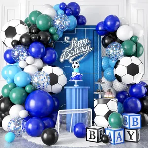 Arche de Ballons Thème Football pour Anniversaire Bleu Vert Blanc Latex Film Aluminium Décoration de Football pour Enfants