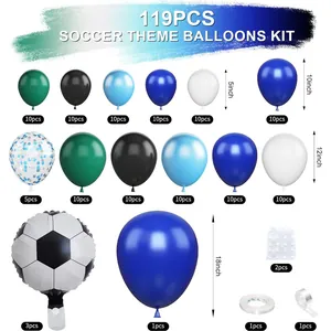 Kit arche de 119 ballons thème football avec ballons bleus, blancs et aluminium