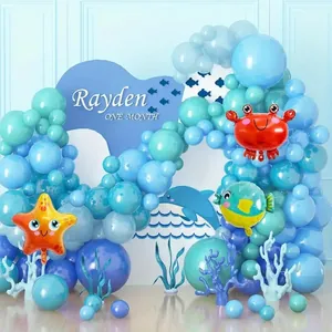 Ocean Theme Blue Balloon Arch Garland Kit With Sea Star Pufferfish Crab Aluminum Foil Balloons For Birthday Party Marine Decor