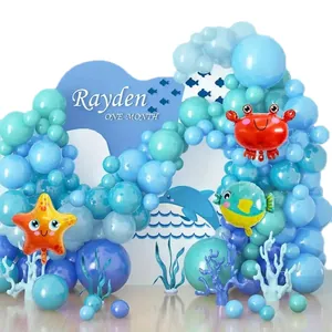 Blue ocean themed balloon arch set with sea creature foil balloons for party decoration