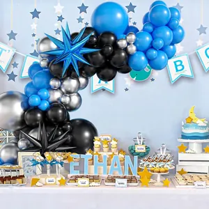 Blue and black balloon arch kit with star foil balloons for birthday party decoration