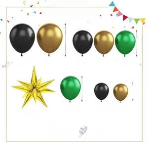 Detail view of gold and green balloon garland kit with star foil balloons and accessories