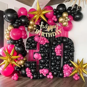 Deko-Set 30. Geburtstag mit schwarz-pinkem Ballonbogen und goldenen Sternen