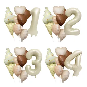 Matte Ice Cream Foil Balloon Set Morandi Cream Oatmeal Chocolate Heart Number 1-9 Birthday Party Decoration For Kids
