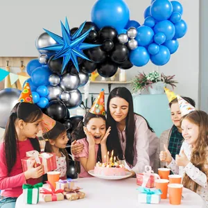 Detailed blue and black balloon arch kit with silver star foil balloon for party decor