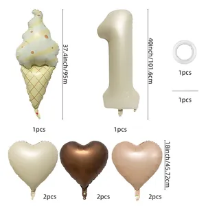 Matte ice cream and heart foil balloon set in cream and chocolate for 1st birthday decor