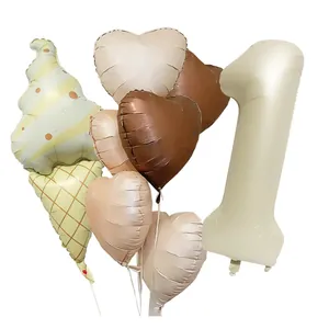 Detailed cream and mocha balloon set with ice cream cone and heart shapes for party decoration