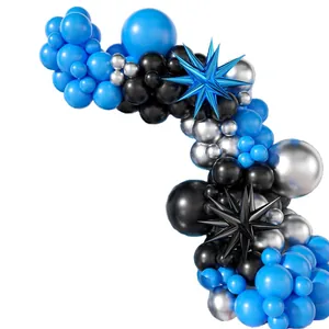 Blue and black balloon arch kit with silver exploding star balloons for party decoration