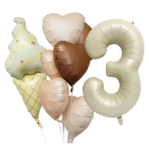 Detailed cream ice cream cone balloon set with heart shapes and number 3 for birthday decor