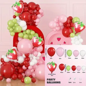 Detail view of strawberry party balloon set with sizes 5, 10, and 18 inch latex balloons