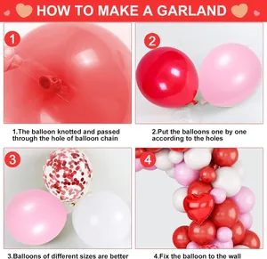 Step-by-step assembly guide for a heart balloon arch kit with red and pink latex balloons
