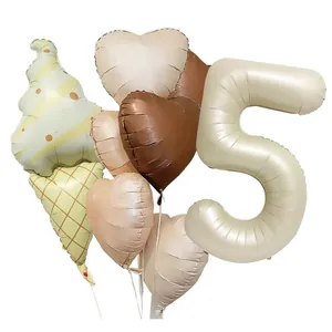 Detailed set of ice cream cone, heart, and cream number 5 matte aluminum balloons