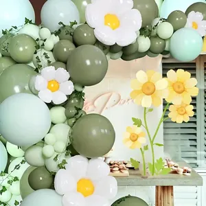 Daisy balloon arch kit with olive green and mint balloons for birthday party decoration