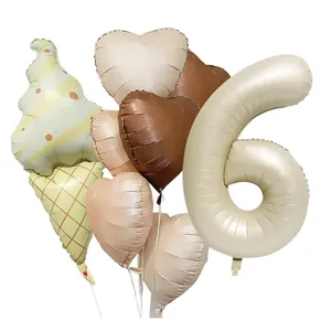 Matte ice cream and heart balloons set with cream number 6 for birthday party decor