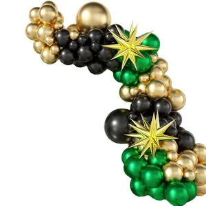 Gold and green balloon arch kit with metallic star accents for party decorations