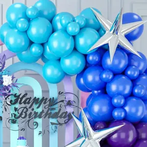 Blue and purple balloon arch kit with silver star foil balloons and Happy Birthday sign